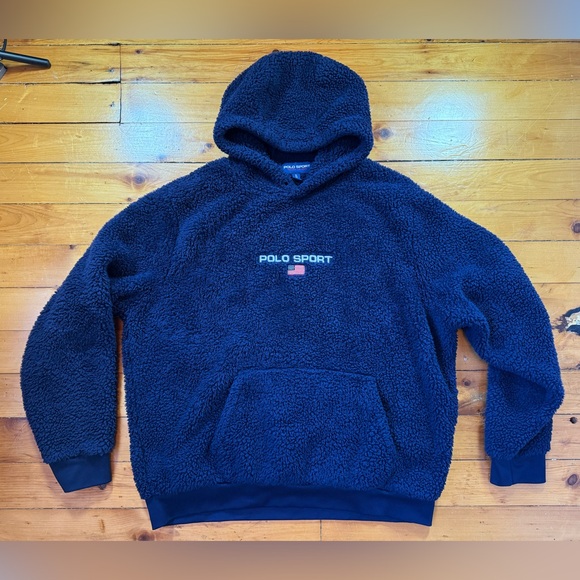 Vintage Polo Sport Sherpa Fleece Hoodie Men’s XL Navy Blue - Picture 1 of 8